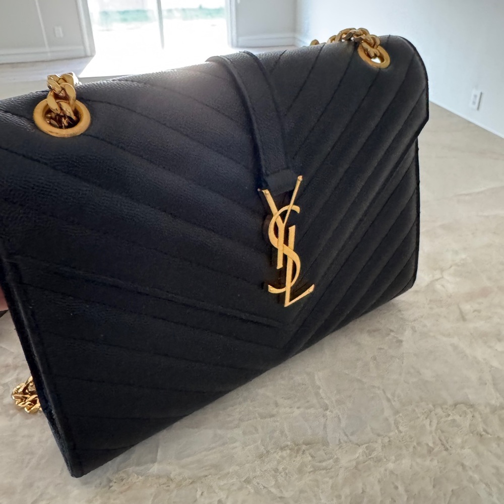 Saint Laurent Black and Gold Quilted Envelope Shoulder Bag